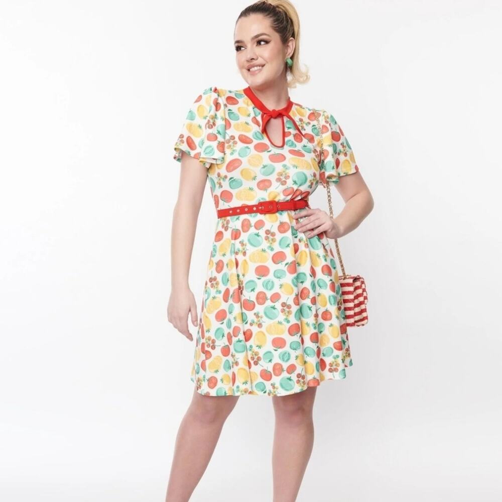 Unique Vintage Ivory Red Tomato Print Flare Dress Size 1X (16)